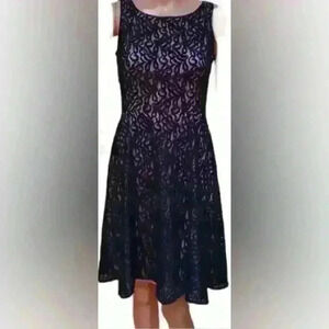 Nine West Black Lace Overlay Pink Sleeveless Dress Flowy Skater Circle Skirt
